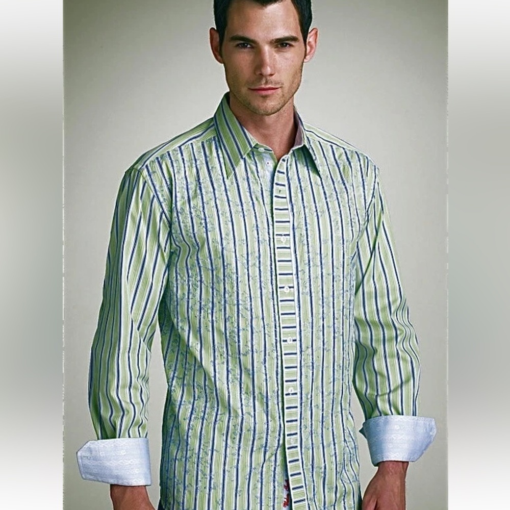 Robert Graham Spoonful Embroidered & Striped Flip Cuff Shirt Green/Blue Size 2XL